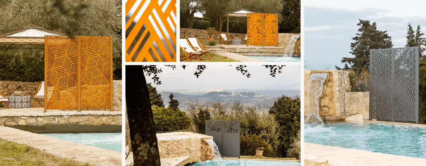 Collage mit Sichtschutzzäunen Roya - Rienza - Liro - Livenza - Adda - Tanaro